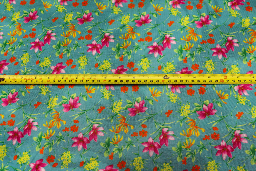 Teal Green Floral Knit Fabric Pink Yellow Flowers