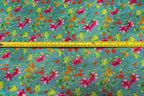 Teal Green Floral Knit Fabric Pink Yellow Flowers