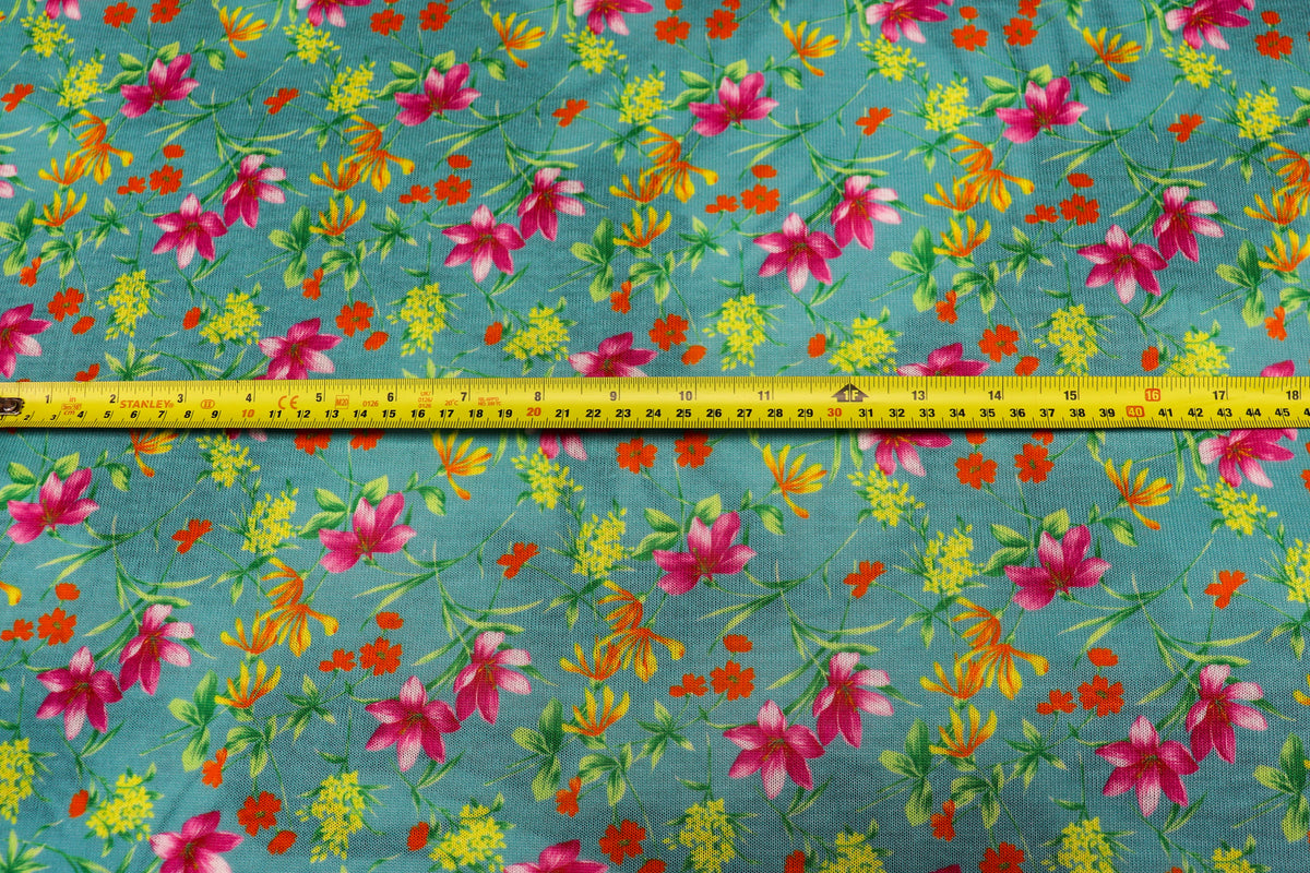 Teal Green Floral Knit Fabric Pink Yellow Flowers