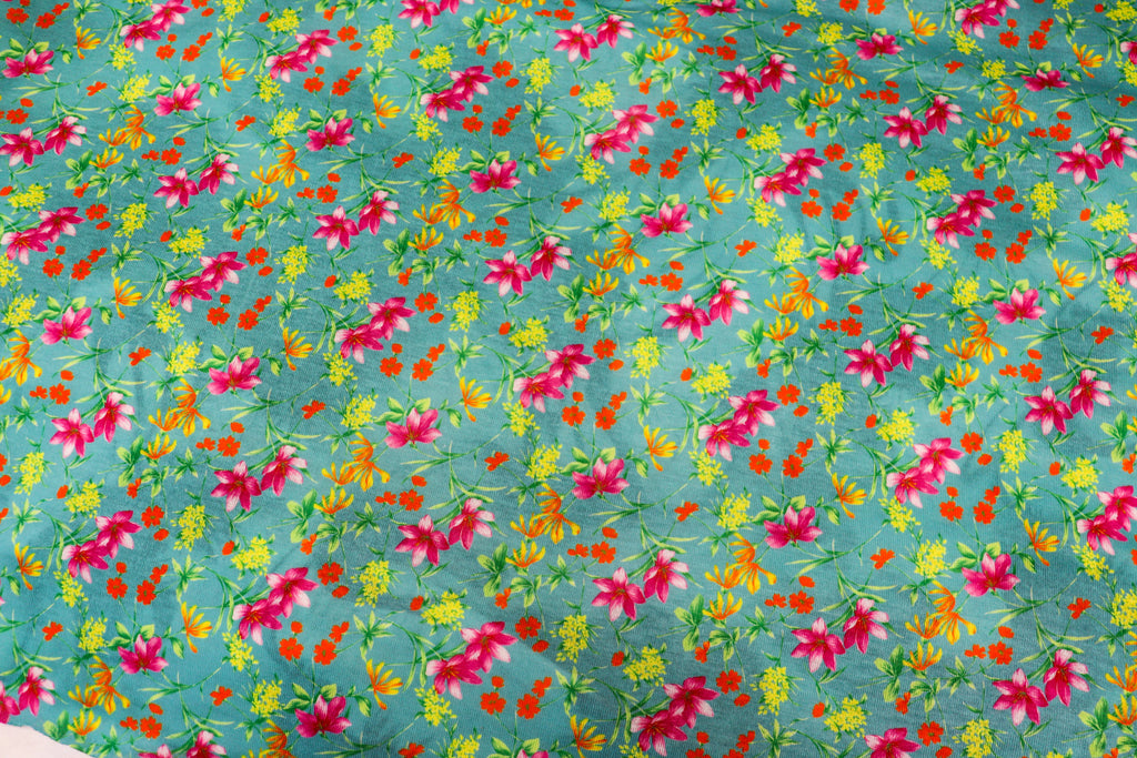Teal Green Floral Knit Fabric Pink Yellow Flowers