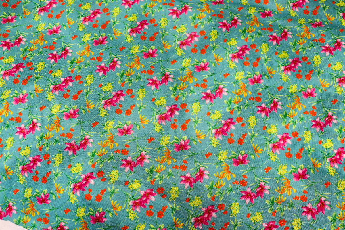 Teal Green Floral Knit Fabric Pink Yellow Flowers
