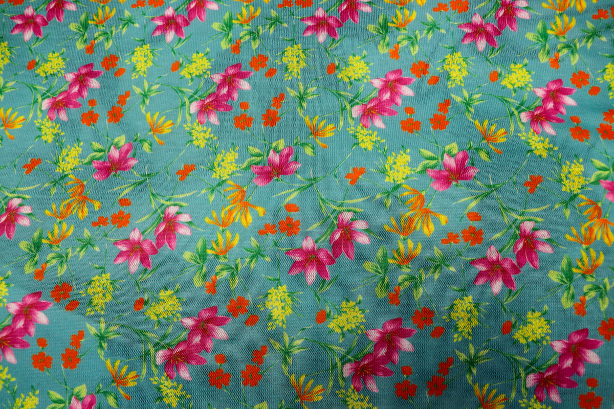 Teal Green Floral Knit Fabric Pink Yellow Flowers
