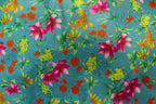 Teal Green Floral Knit Fabric Pink Yellow Flowers