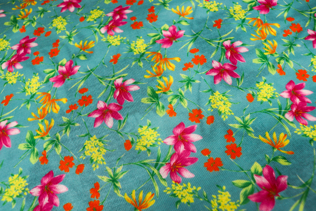 Teal Green Floral Knit Fabric Pink Yellow Flowers