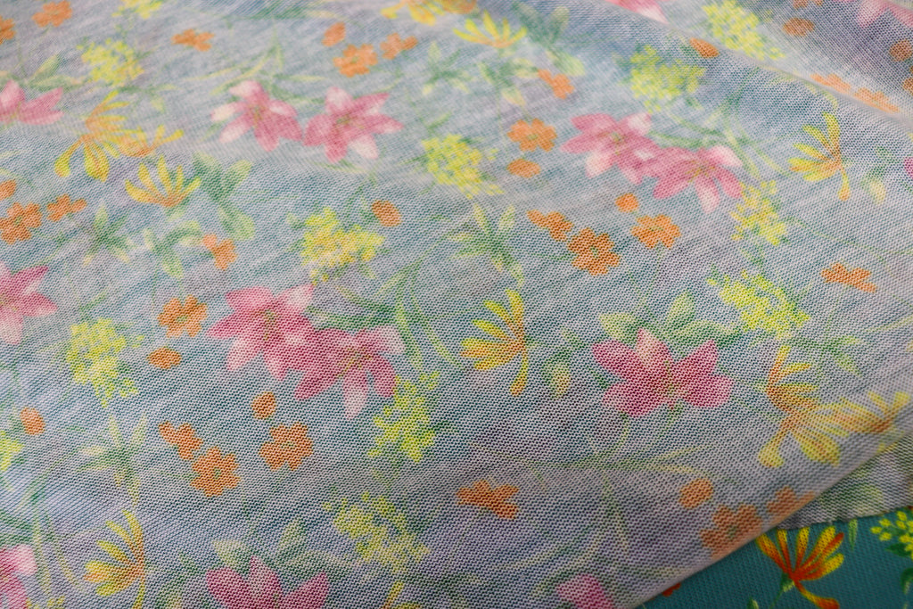 Teal Green Floral Knit Fabric Pink Yellow Flowers
