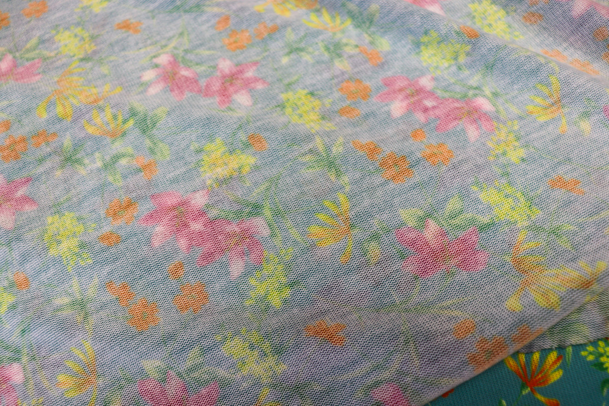 Teal Green Floral Knit Fabric Pink Yellow Flowers