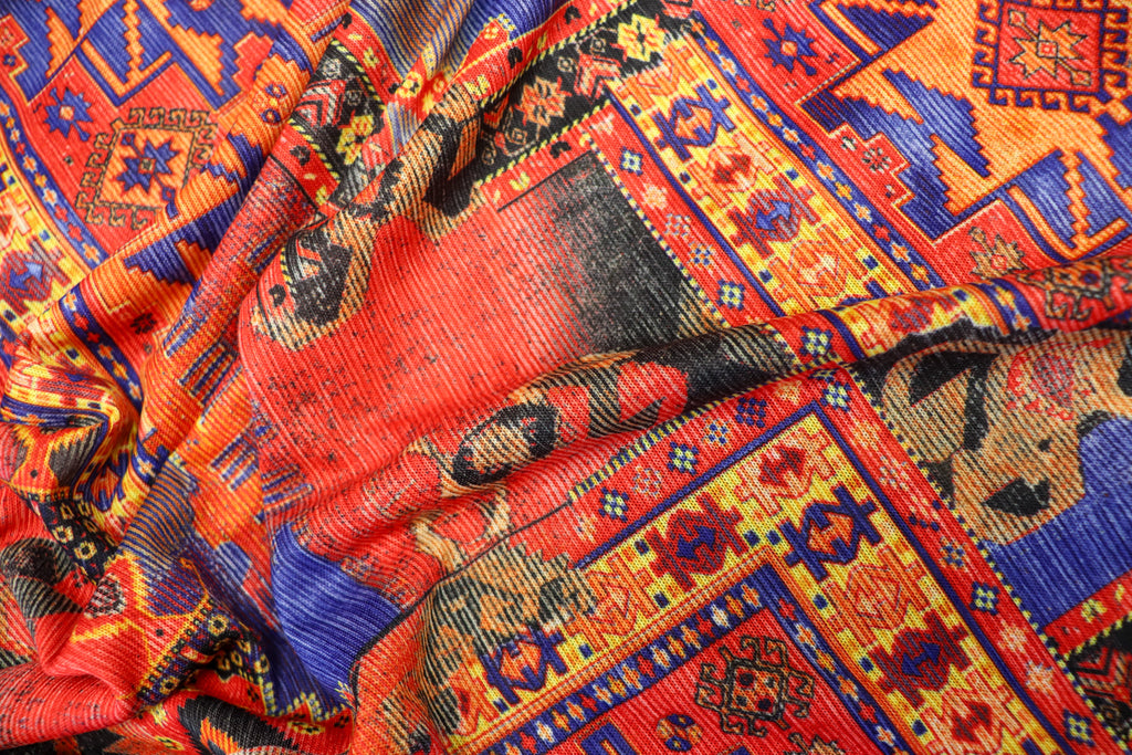 Red Rug Print Knitwear Fabric with Stretch