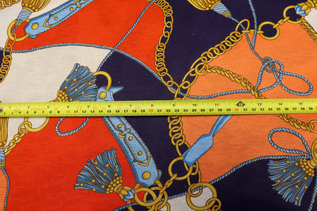Chain Scarf Print Knitwear Fabric Orange Navy Red Tassel Design