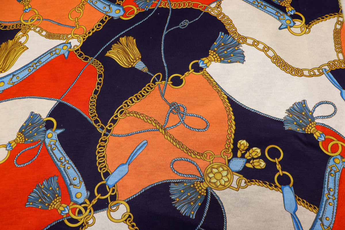 Chain Scarf Print Knitwear Fabric Orange Navy Red Tassel Design