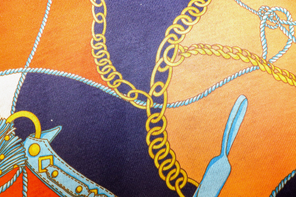 Chain Scarf Print Knitwear Fabric Orange Navy Red Tassel Design