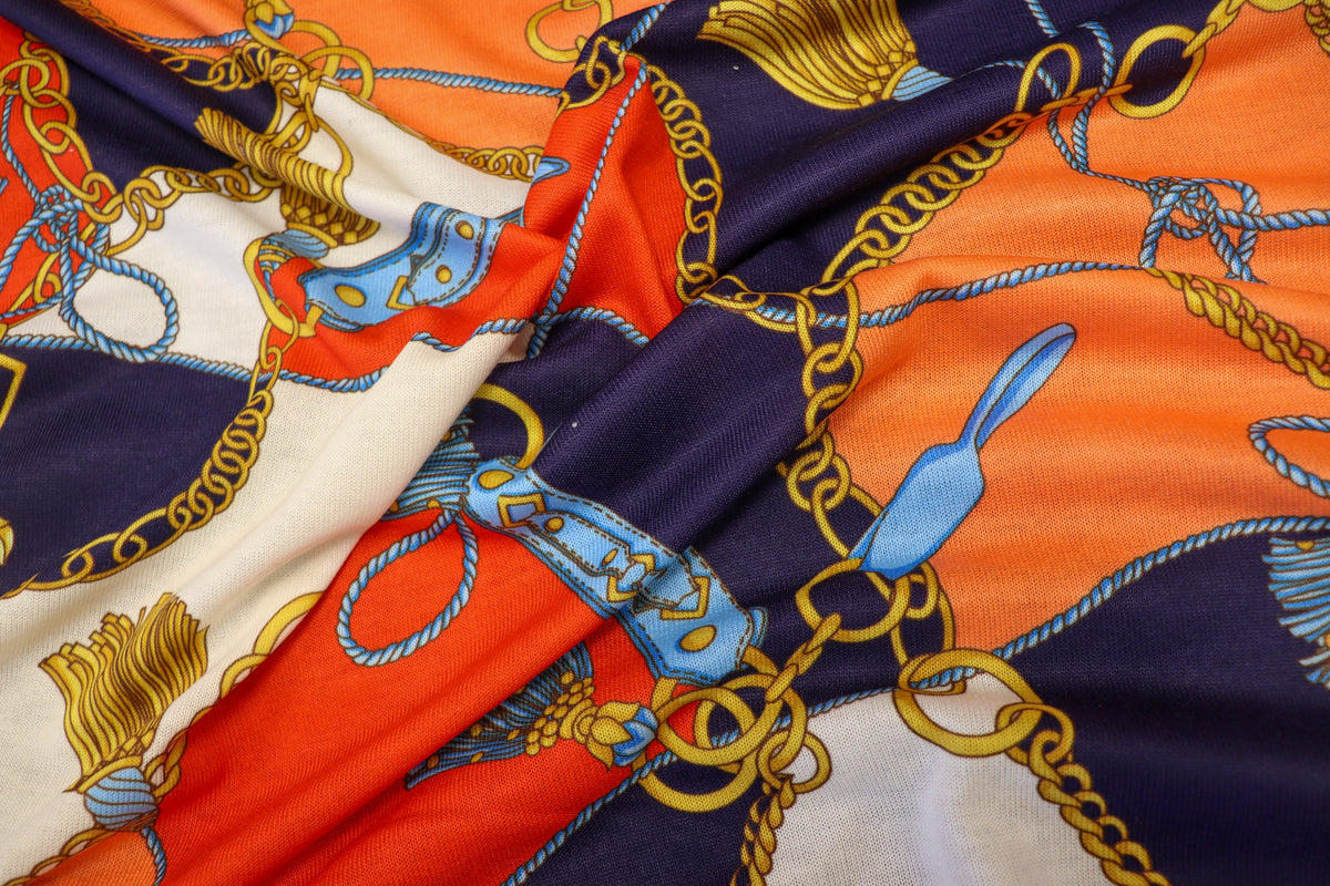 Chain Scarf Print Knitwear Fabric Orange Navy Red Tassel Design