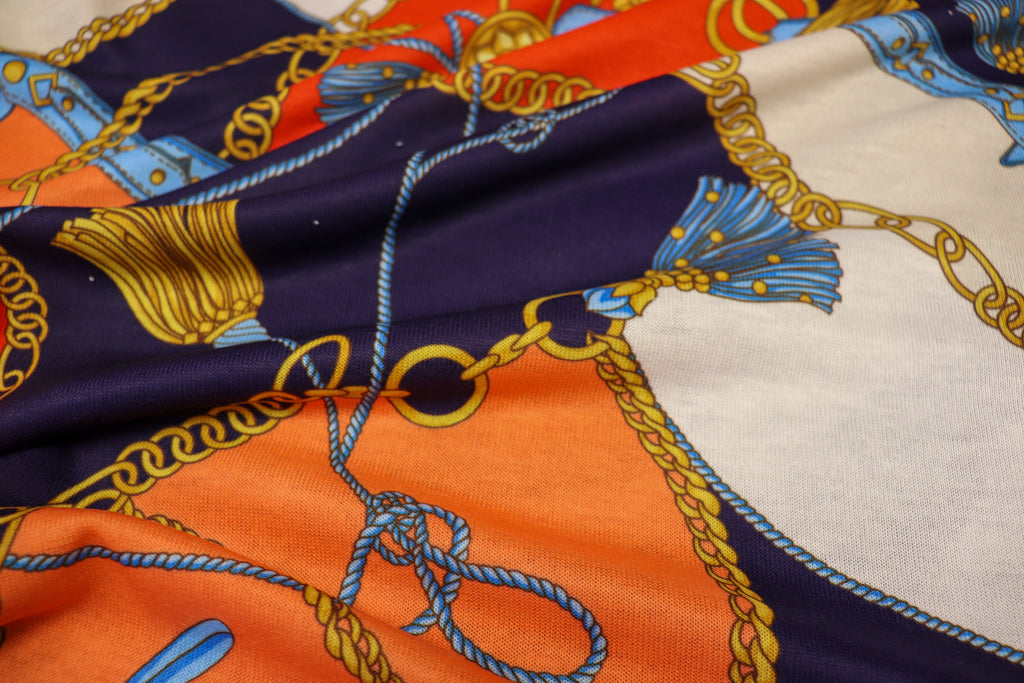 Chain Scarf Print Knitwear Fabric Orange Navy Red Tassel Design