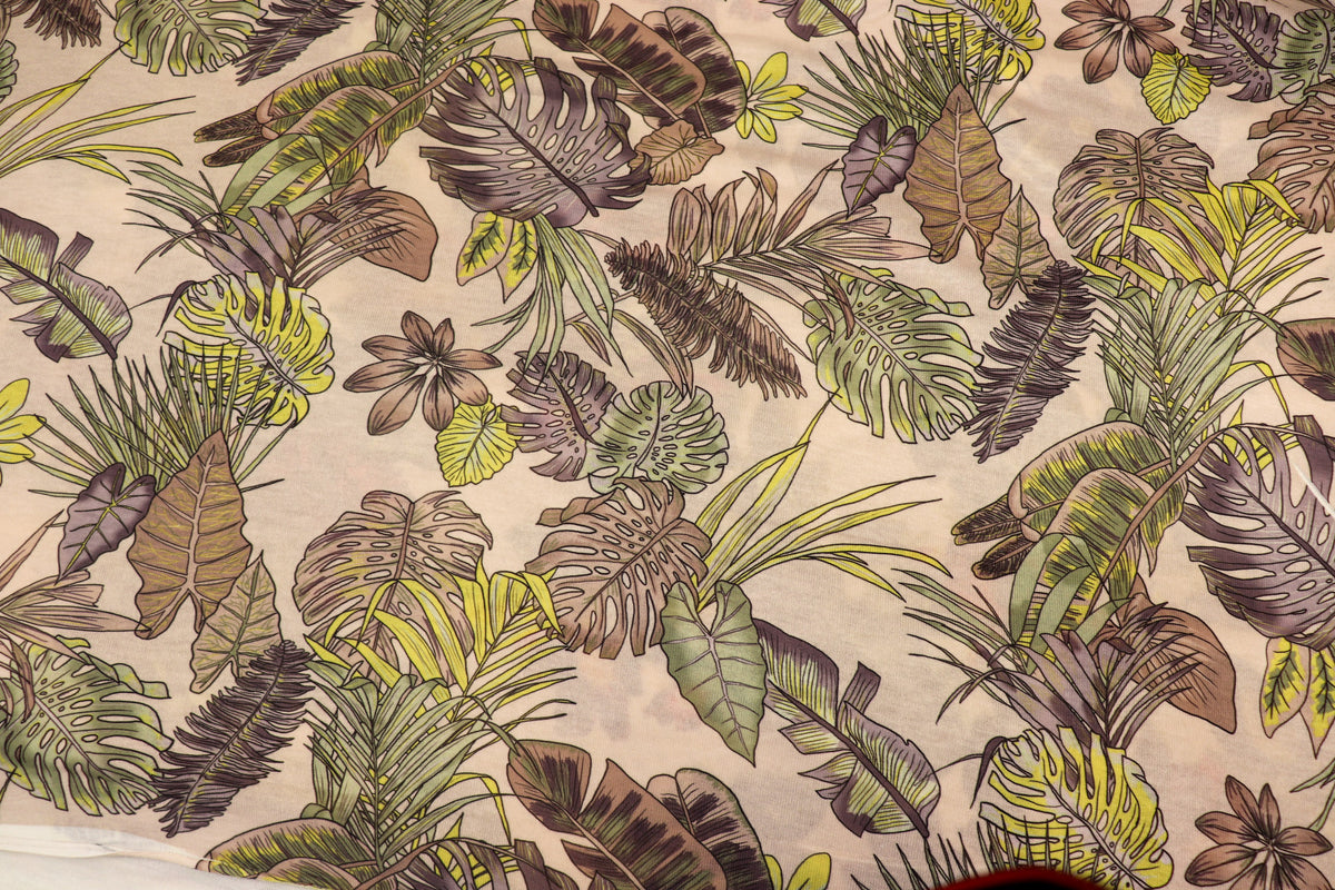 Green Palm Leaf Knitwear Fabric Tropical Outline Print