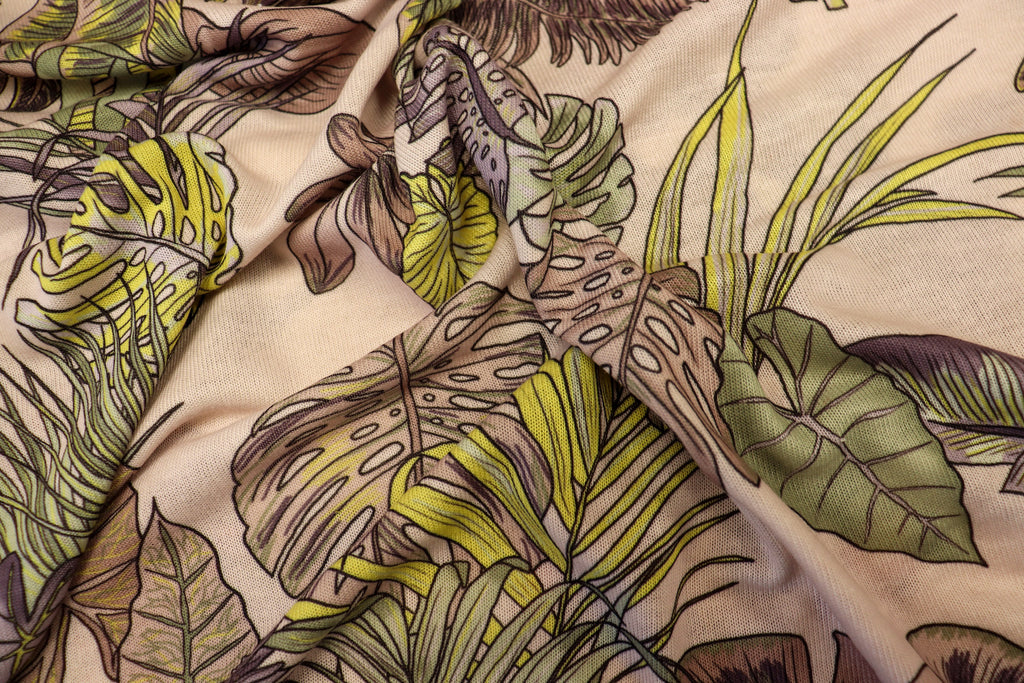 Green Palm Leaf Knitwear Fabric Tropical Outline Print