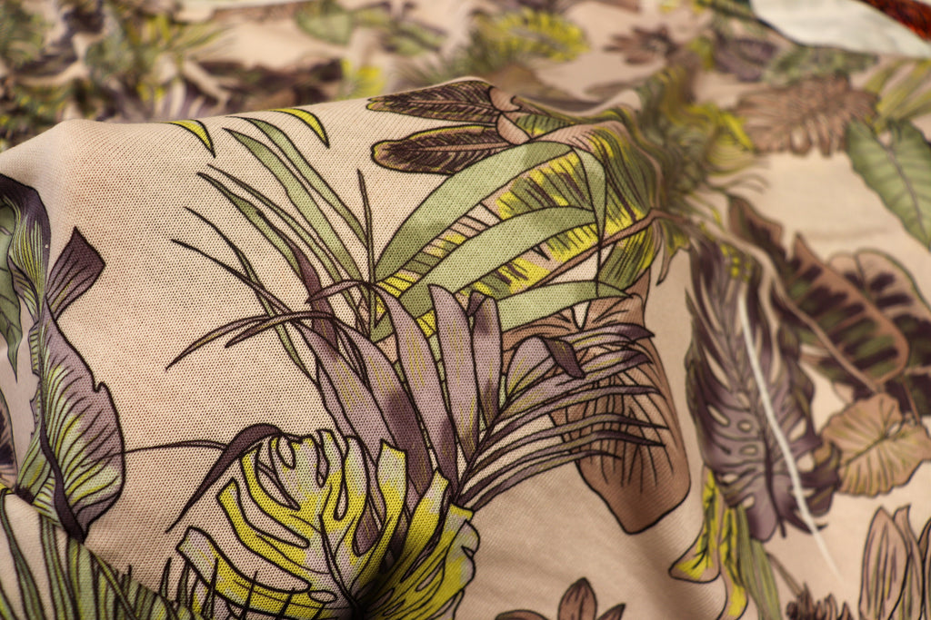 Green Palm Leaf Knitwear Fabric Tropical Outline Print