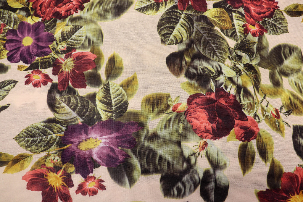 Vintage Botanical Floral Fabric Red Purple Petals