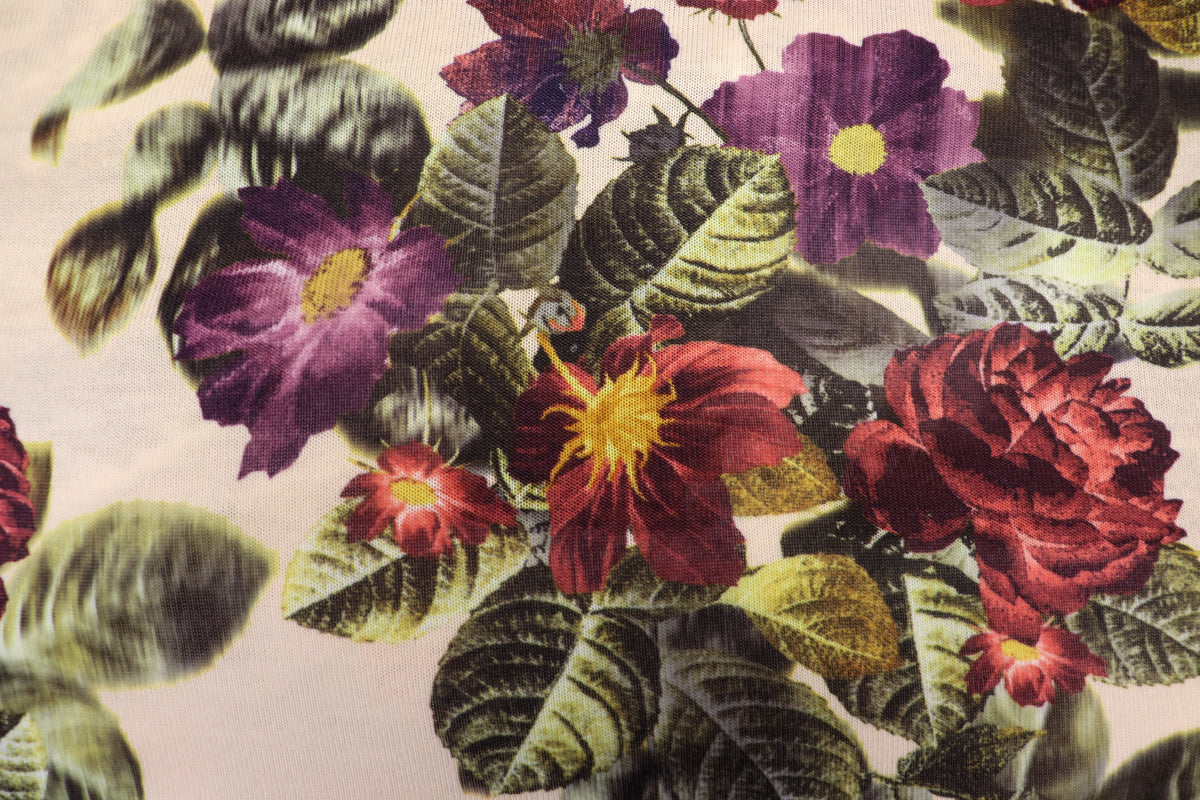 Vintage Botanical Floral Fabric Red Purple Petals
