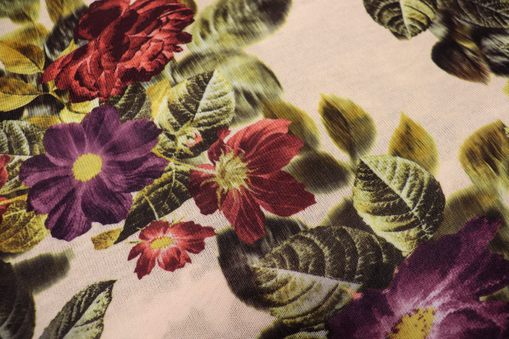 Vintage Botanical Floral Fabric Red Purple Petals