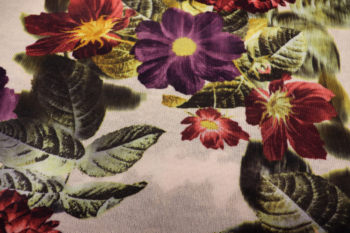 Vintage Botanical Floral Fabric Red Purple Petals