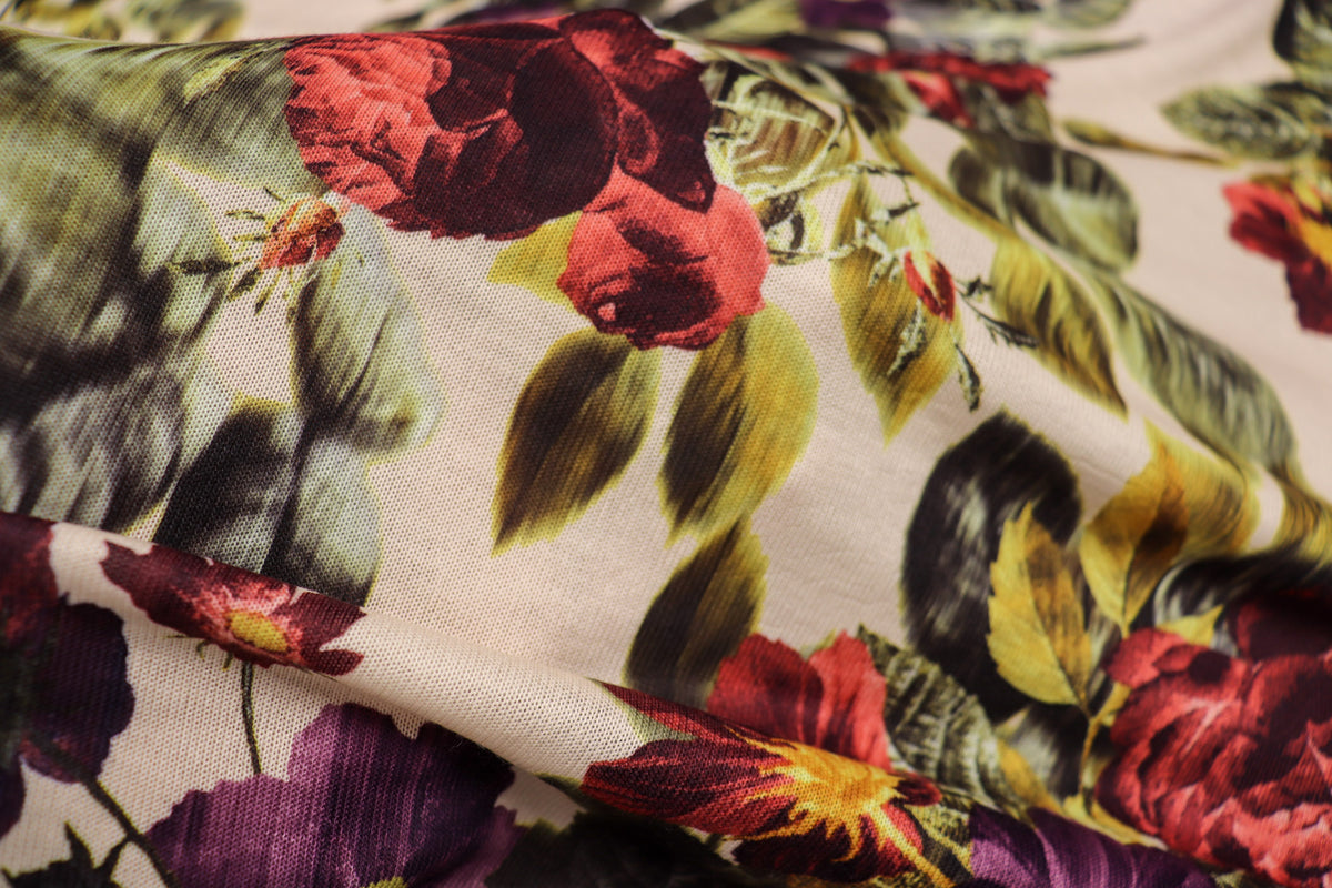 Vintage Botanical Floral Fabric Red Purple Petals