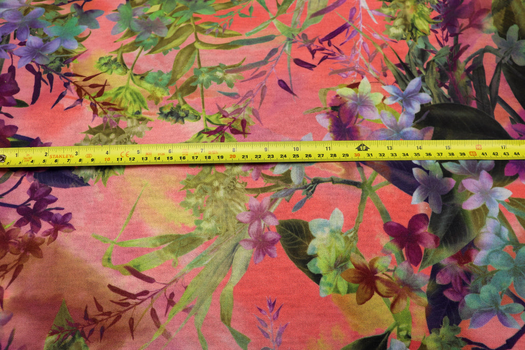 Pink Coral Floral Knitwear Fabric Bold Green Tropical Print