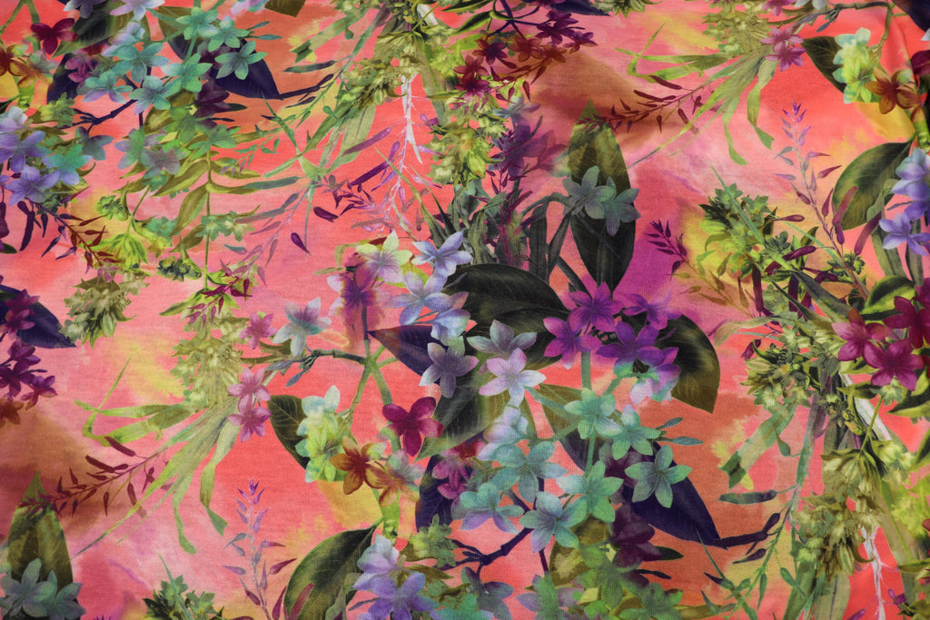 Pink Coral Floral Knitwear Fabric Bold Green Tropical Print