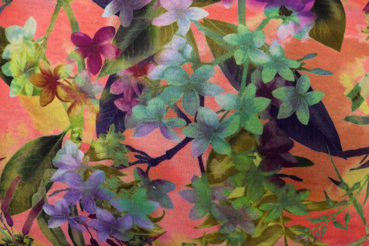 Pink Coral Floral Knitwear Fabric Bold Green Tropical Print