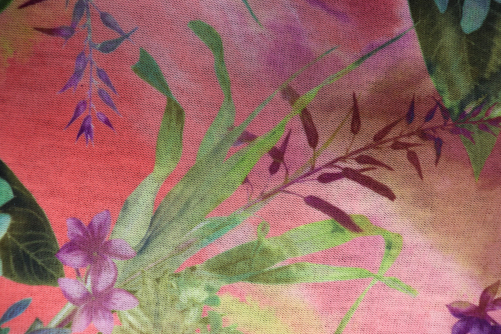 Pink Coral Floral Knitwear Fabric Bold Green Tropical Print