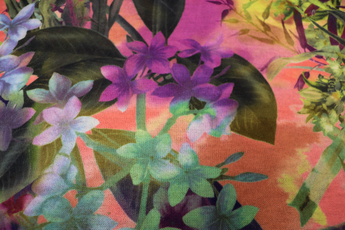 Pink Coral Floral Knitwear Fabric Bold Green Tropical Print