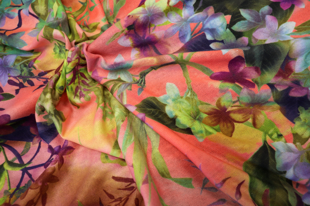 Pink Coral Floral Knitwear Fabric Bold Green Tropical Print