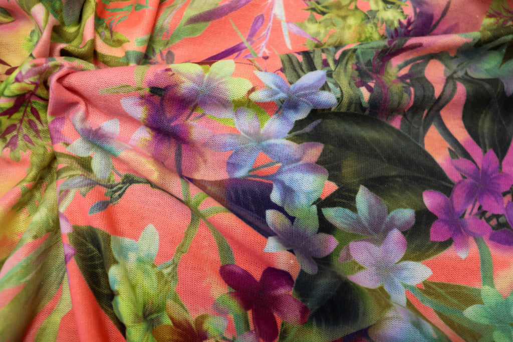 Pink Coral Floral Knitwear Fabric Bold Green Tropical Print