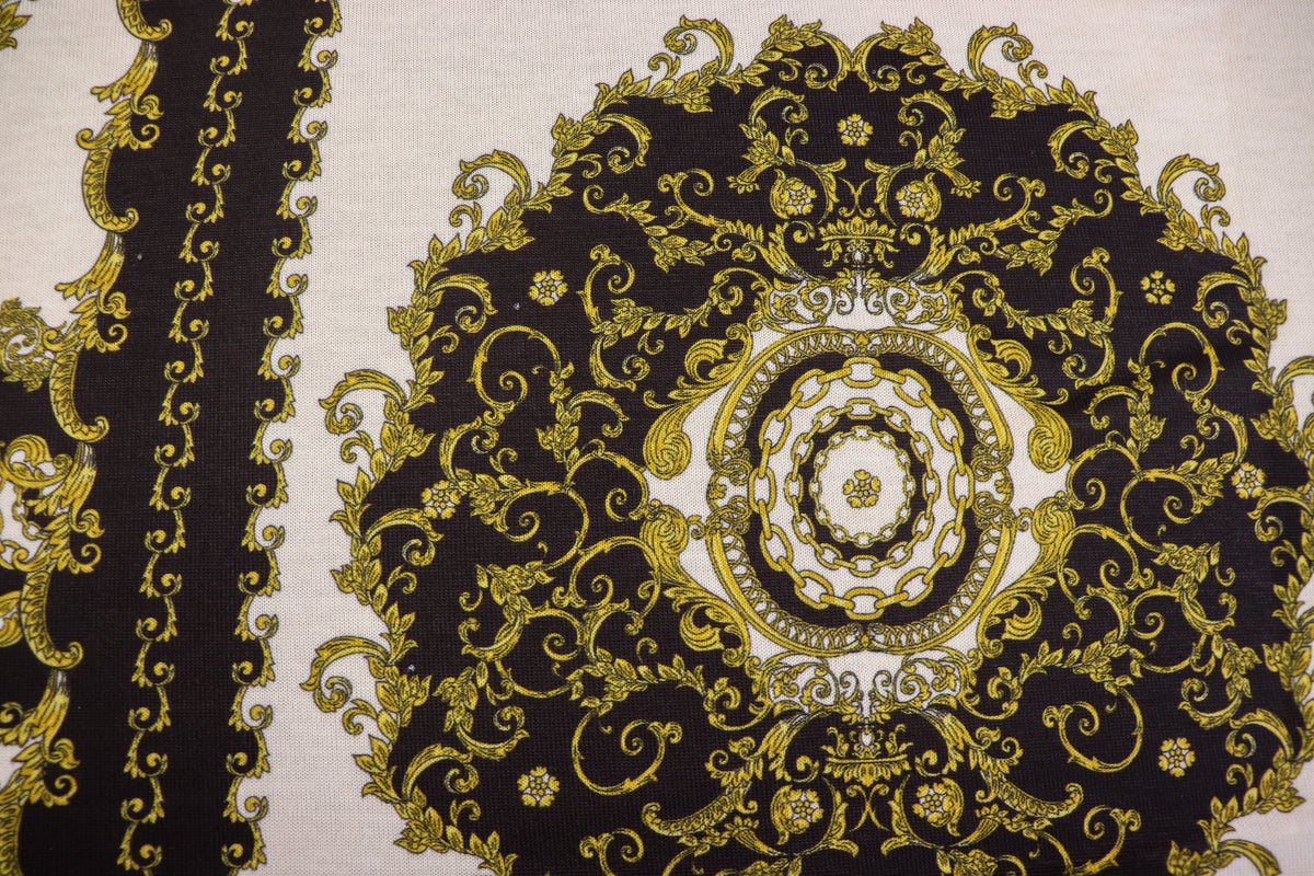 Black White Scarf Print Fabric Gold Brocade Floral Tiles
