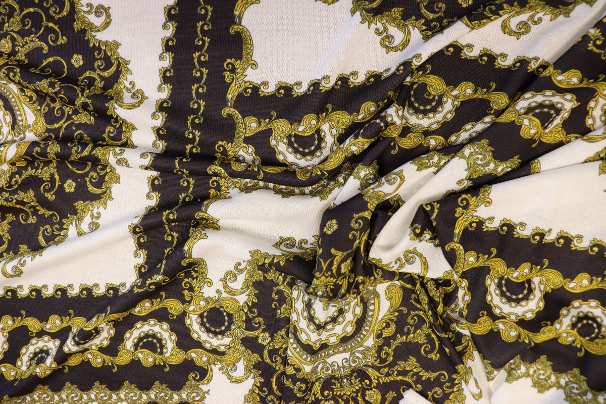 Black White Scarf Print Fabric Gold Brocade Floral Tiles