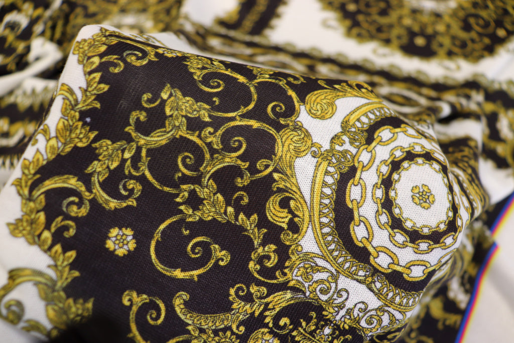 Black White Scarf Print Fabric Gold Brocade Floral Tiles