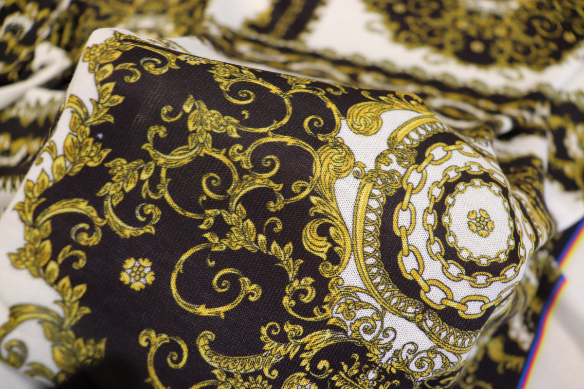 Black White Scarf Print Fabric Gold Brocade Floral Tiles