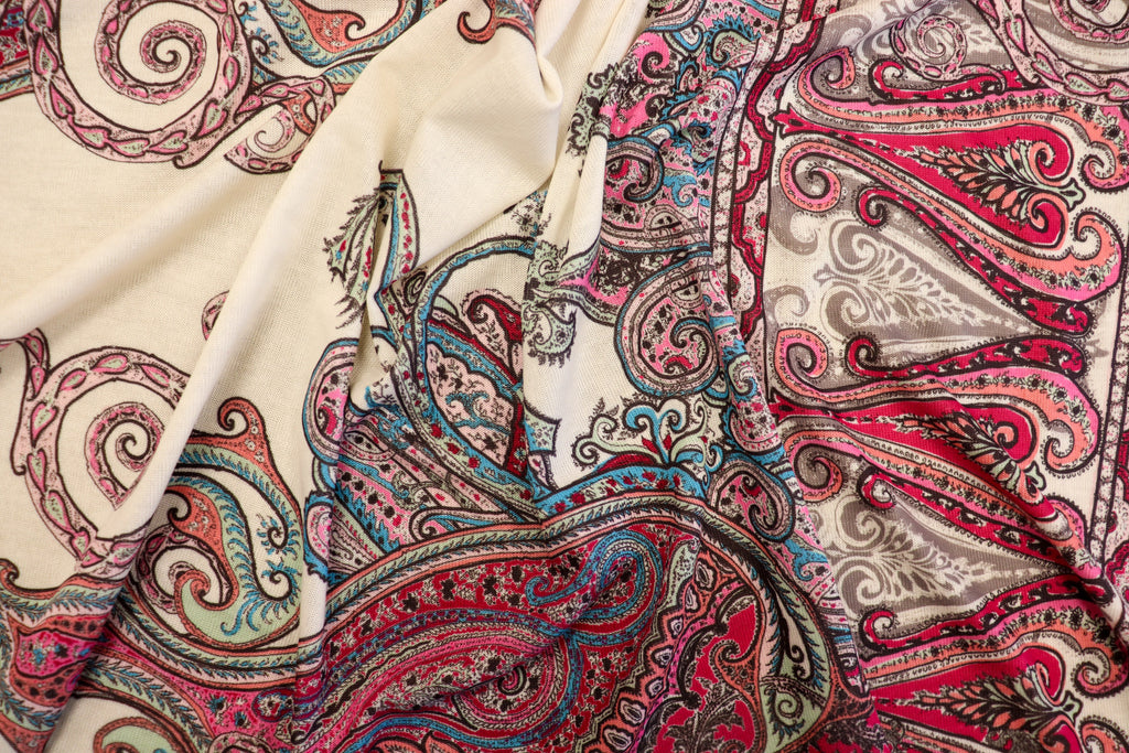 Red Green Paisley Knitwear Fabric Traditional Stretch Print