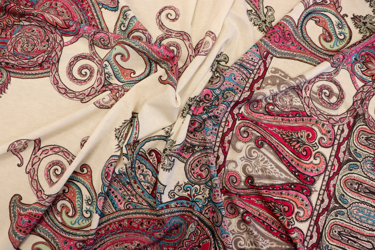 Red Green Paisley Knitwear Fabric Traditional Stretch Print