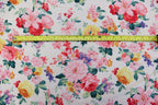 White Floral Knitwear Fabric Light Pink Yellow Flowers