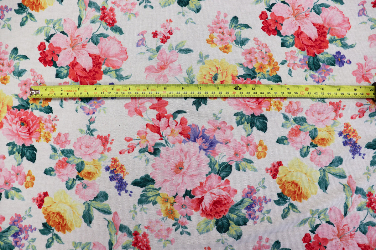 White Floral Knitwear Fabric Light Pink Yellow Flowers
