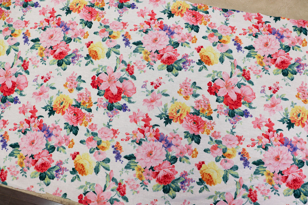 White Floral Knitwear Fabric Light Pink Yellow Flowers