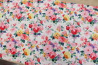 White Floral Knitwear Fabric Light Pink Yellow Flowers