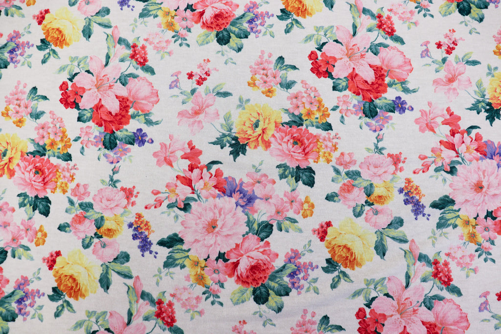White Floral Knitwear Fabric Light Pink Yellow Flowers