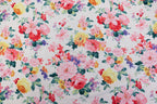 White Floral Knitwear Fabric Light Pink Yellow Flowers