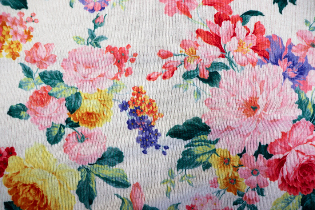 White Floral Knitwear Fabric Light Pink Yellow Flowers