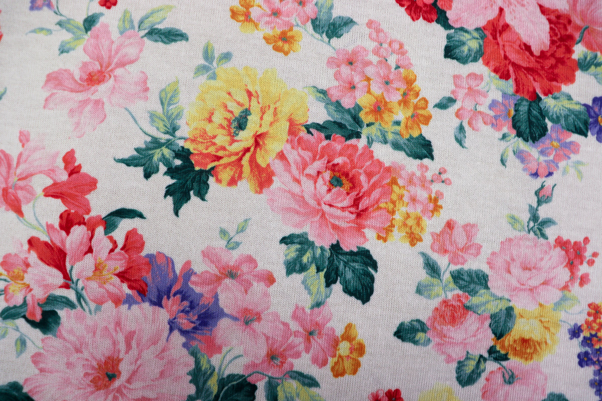 White Floral Knitwear Fabric Light Pink Yellow Flowers