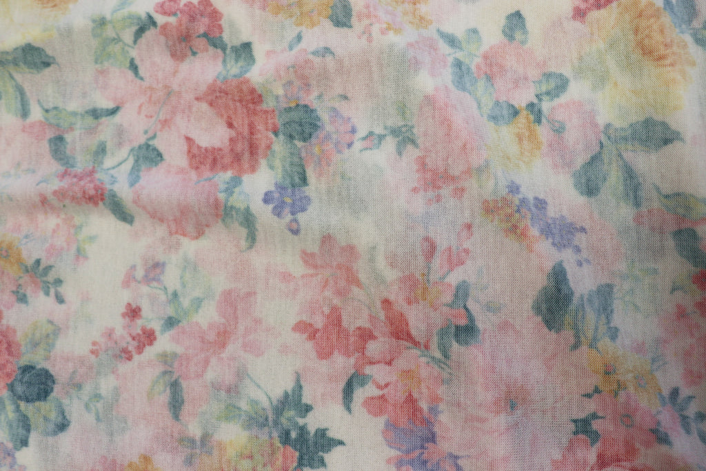 White Floral Knitwear Fabric Light Pink Yellow Flowers
