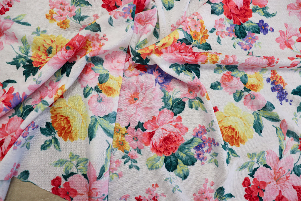 White Floral Knitwear Fabric Light Pink Yellow Flowers