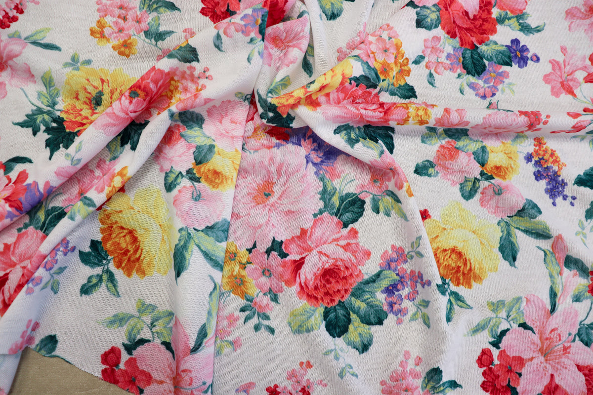 White Floral Knitwear Fabric Light Pink Yellow Flowers