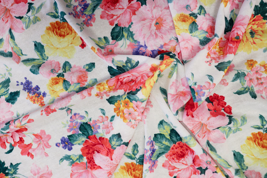 White Floral Knitwear Fabric Light Pink Yellow Flowers