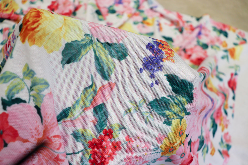 White Floral Knitwear Fabric Light Pink Yellow Flowers